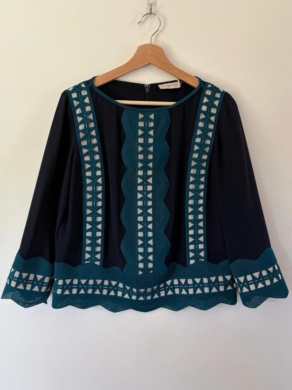Tory Burch Germaine Boat Neck Embroidered Navy Blue & Teal Long Sleeve Silk Top